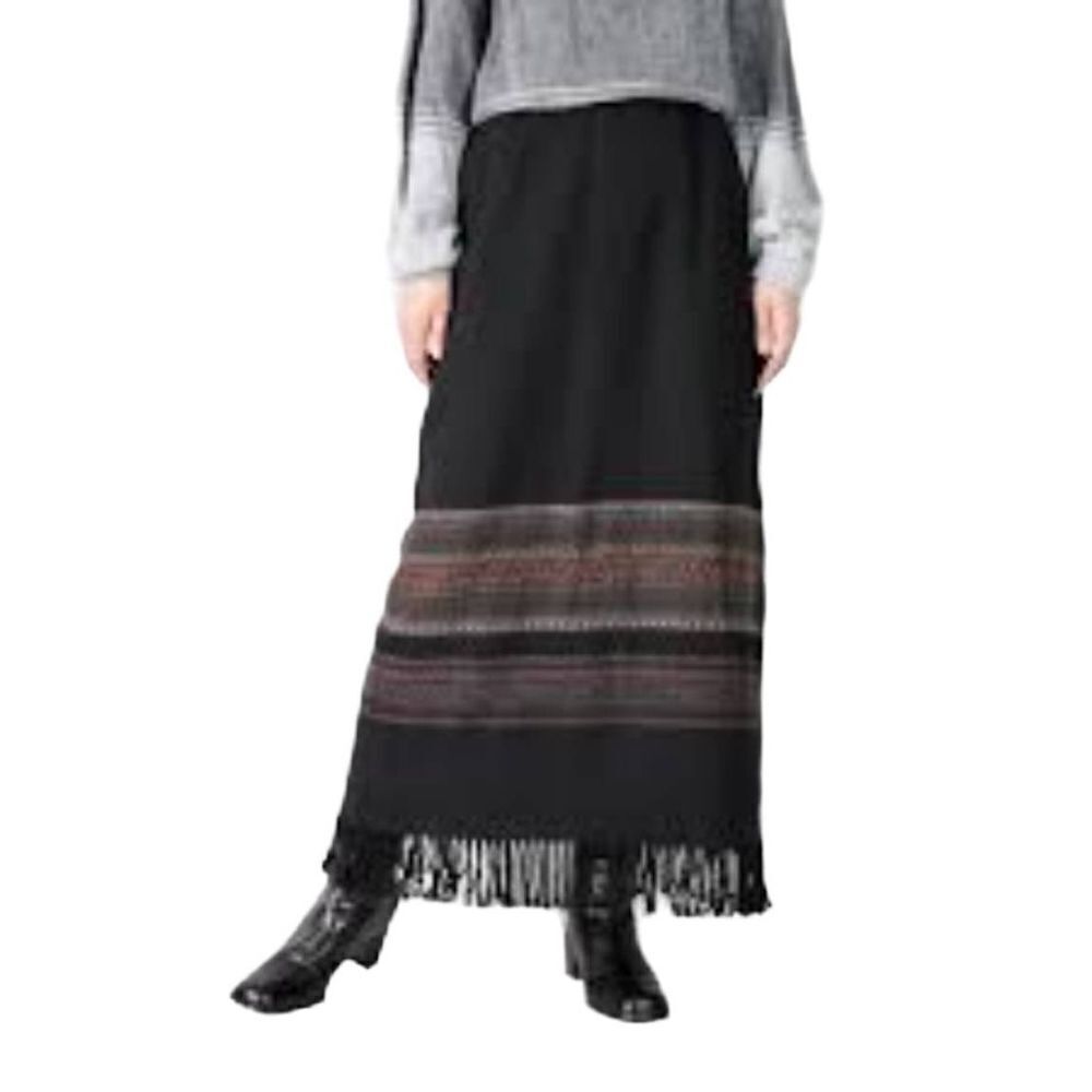 T. Garment Women's Black Wool Blend Striped Southwestern Long Lined Skirt w Frin